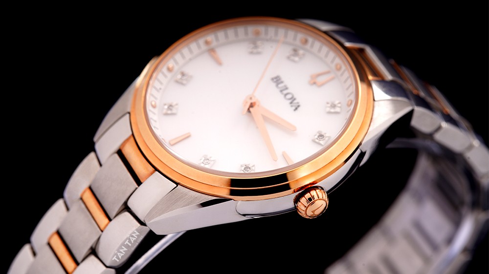 Đồng hồ Bulova 98P183 - Niềng bezel và núm chỉnh giờ được mạ PVD vàng hồng đồng nhất