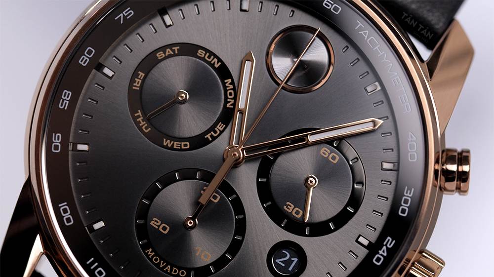 Đồng hồ Movado 3600739 - Bộ kim baton vàng hồng cách điệu và các mặt phụ chải tia sunray của Movado 3600739