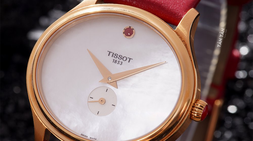 Đồng hồ Tissot T103.310.36.111.01 - Bộ kim dauphine vàng hồng với chấm đá ruby nổi bật tại vị trí 12 giờ 